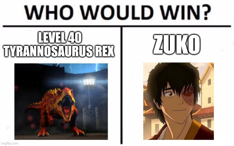 T-Rex vs fire bender | LEVEL 40 TYRANNOSAURUS REX; ZUKO | image tagged in memes,who would win | made w/ Imgflip meme maker