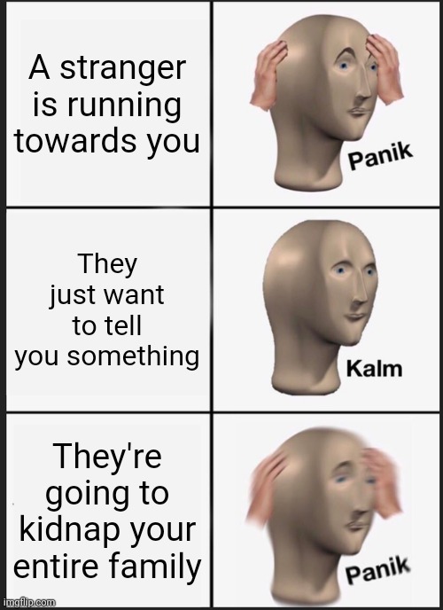 Panik Kalm Panik | A stranger is running towards you; They just want to tell you something; They're going to kidnap your entire family | image tagged in memes | made w/ Imgflip meme maker