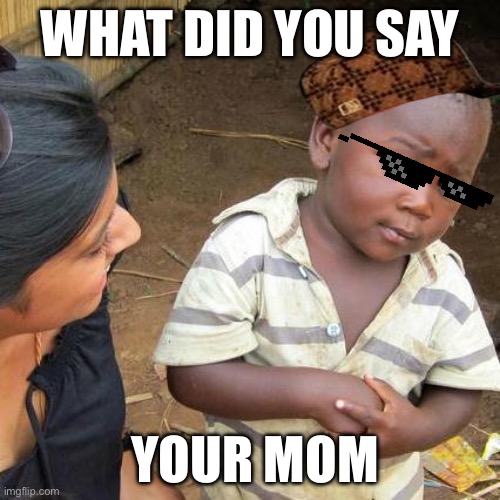 Third World Skeptical Kid | WHAT DID YOU SAY; YOUR MOM | image tagged in memes,third world skeptical kid | made w/ Imgflip meme maker