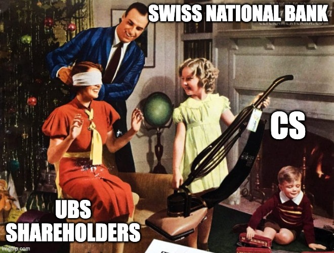 She'll be so excited | SWISS NATIONAL BANK; CS; UBS SHAREHOLDERS | image tagged in woman,surprise,disappointed | made w/ Imgflip meme maker