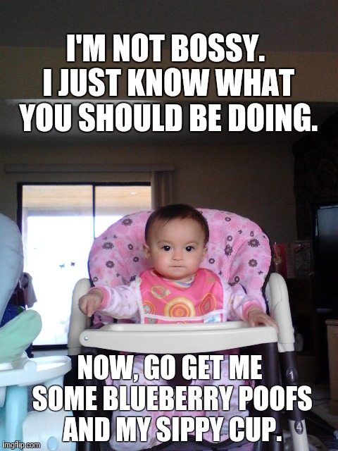 I'M NOT BOSSY. I JUST KNOW WHAT YOU SHOULD BE DOING. NOW, GO GET ME SOME BLUEBERRY POOFS AND MY SIPPY CUP. | image tagged in funny,babies | made w/ Imgflip meme maker