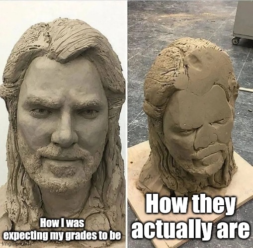 It's because of the box I checked first but then switched to the other one | How they actually are; How I was expecting my grades to be | image tagged in statue before and after being dropped,school | made w/ Imgflip meme maker