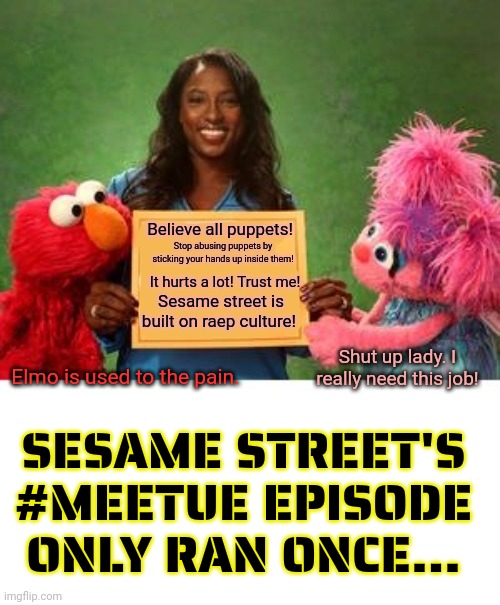 No this is not ok | Believe all puppets! Stop abusing puppets by sticking your hands up inside them! It hurts a lot! Trust me! Sesame street is built on raep culture! Shut up lady. I really need this job! Elmo is used to the pain. SESAME STREET'S #MEETUE EPISODE ONLY RAN ONCE... | image tagged in sesame street,no,this is not okie dokie,hashtag,metoo | made w/ Imgflip meme maker