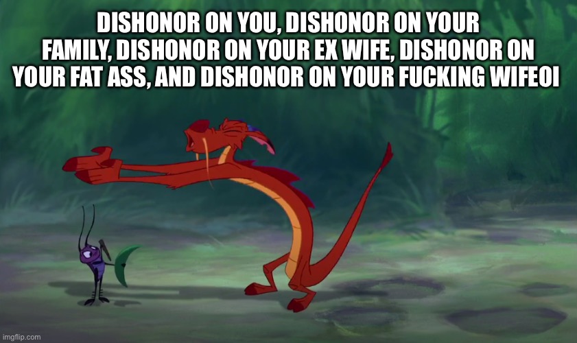 Dishonor! | DISHONOR ON YOU, DISHONOR ON YOUR FAMILY, DISHONOR ON YOUR EX WIFE, DISHONOR ON YOUR FAT ASS, AND DISHONOR ON YOUR FUCKING WIFEOI | image tagged in dishonor | made w/ Imgflip meme maker