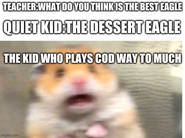 QUIET KID:THE DESSERT EAGLE; TEACHER:WHAT DO YOU THINK IS THE BEST EAGLE; THE KID WHO PLAYS COD WAY TO MUCH | image tagged in quiet kids be like | made w/ Imgflip meme maker