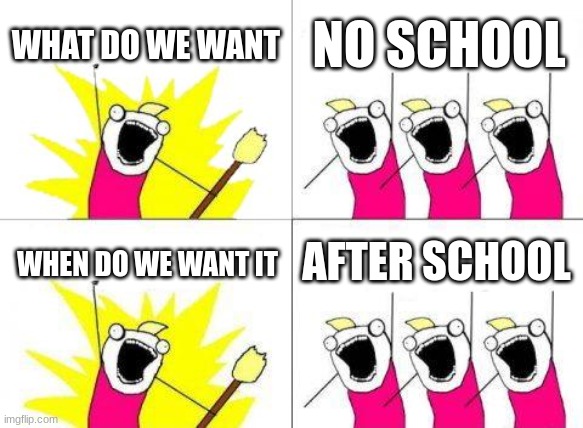 what do we want? | WHAT DO WE WANT; NO SCHOOL; AFTER SCHOOL; WHEN DO WE WANT IT | image tagged in memes,what do we want | made w/ Imgflip meme maker