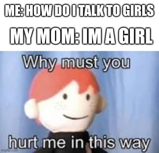 WHY MOM              WHYYYYYYYYYYY | ME: HOW DO I TALK TO GIRLS; MY MOM: IM A GIRL | image tagged in why must you hurt me in this way,1 trophy,sad pablo escobar,memes,gifs,tuxedo winnie the pooh | made w/ Imgflip meme maker