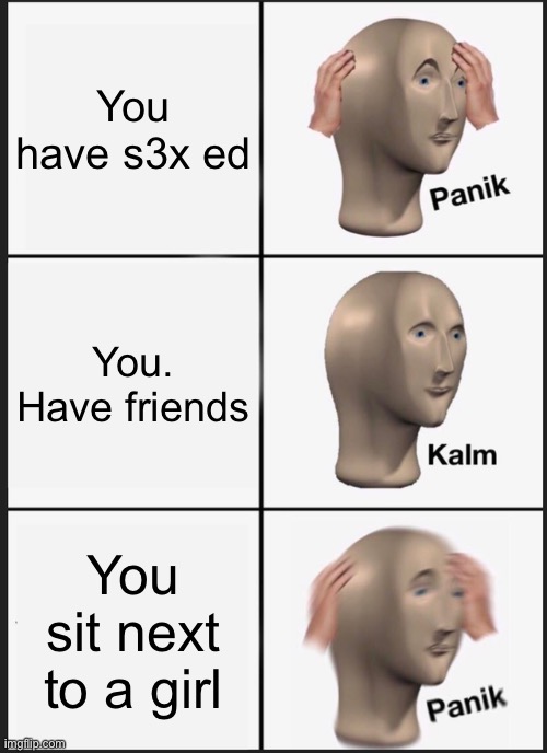 Panik Kalm Panik | You have s3x ed; You. Have friends; You sit next to a girl | image tagged in memes,panik kalm panik | made w/ Imgflip meme maker