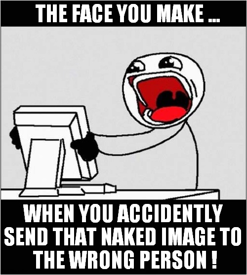 Be Careful Out There ! | THE FACE YOU MAKE ... WHEN YOU ACCIDENTLY
SEND THAT NAKED IMAGE TO
 THE WRONG PERSON ! | image tagged in wrong,image,computer guy | made w/ Imgflip meme maker