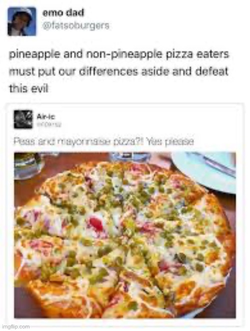 We must put our differences aside and defeat this | image tagged in pizza,peas and mayo pizza | made w/ Imgflip meme maker