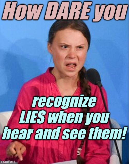 Greta Thunberg how dare you | How DARE you recognize LIES when you hear and see them! | image tagged in greta thunberg how dare you | made w/ Imgflip meme maker