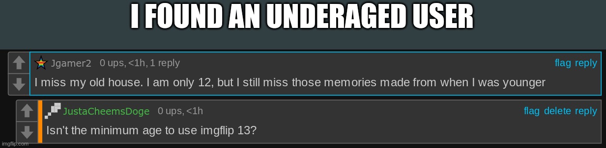 https://imgflip.com/i/7f3egx?nerp=1679333140#com24525222 | I FOUND AN UNDERAGED USER | image tagged in imgflip,no underaged users allowed,memes,funny,msmg | made w/ Imgflip meme maker