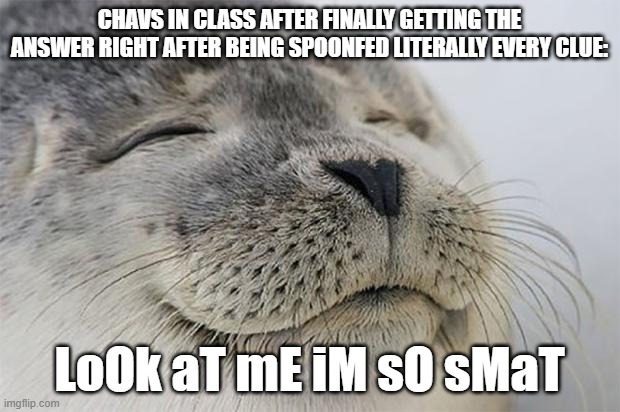 This is so freaking annoying... and they do it when they finally score a hoop in basketball too | CHAVS IN CLASS AFTER FINALLY GETTING THE ANSWER RIGHT AFTER BEING SPOONFED LITERALLY EVERY CLUE:; LoOk aT mE iM sO sMaT | image tagged in satisfied seal,school,chavs,smort,smart,dumb | made w/ Imgflip meme maker