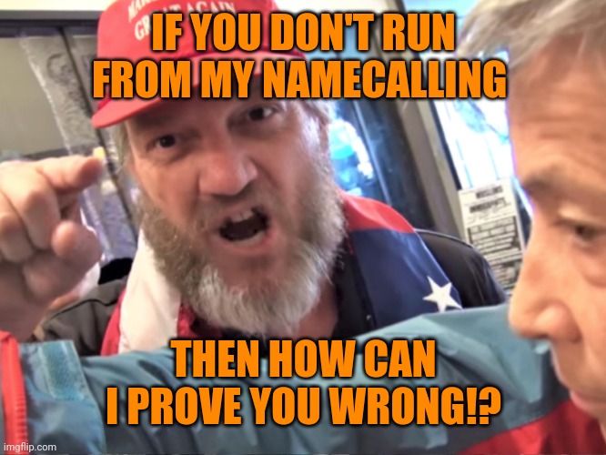 Angry Trump Supporter | IF YOU DON'T RUN FROM MY NAMECALLING THEN HOW CAN I PROVE YOU WRONG!? | image tagged in angry trump supporter | made w/ Imgflip meme maker