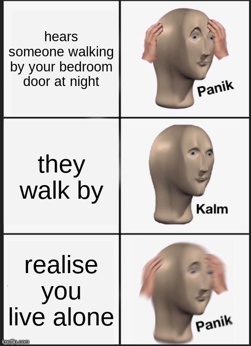 Panik | hears someone walking by your bedroom door at night; they walk by; realize you live alone | image tagged in memes,panik kalm panik | made w/ Imgflip meme maker