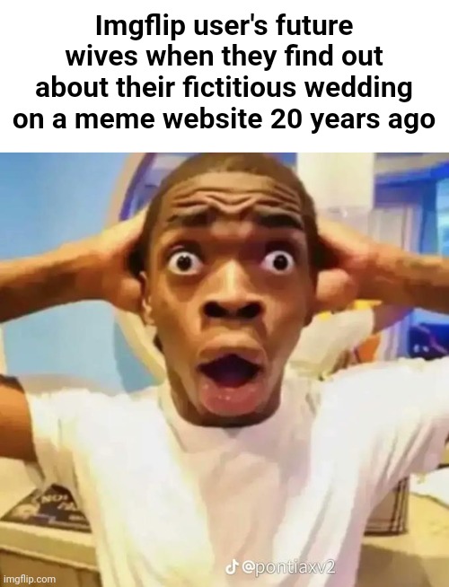 Shocked black guy | Imgflip user's future wives when they find out about their fictitious wedding on a meme website 20 years ago | image tagged in shocked black guy | made w/ Imgflip meme maker