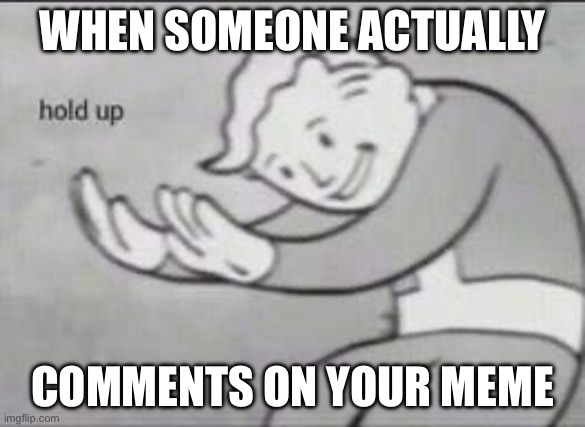 Fallout Hold Up | WHEN SOMEONE ACTUALLY COMMENTS ON YOUR MEME | image tagged in fallout hold up | made w/ Imgflip meme maker