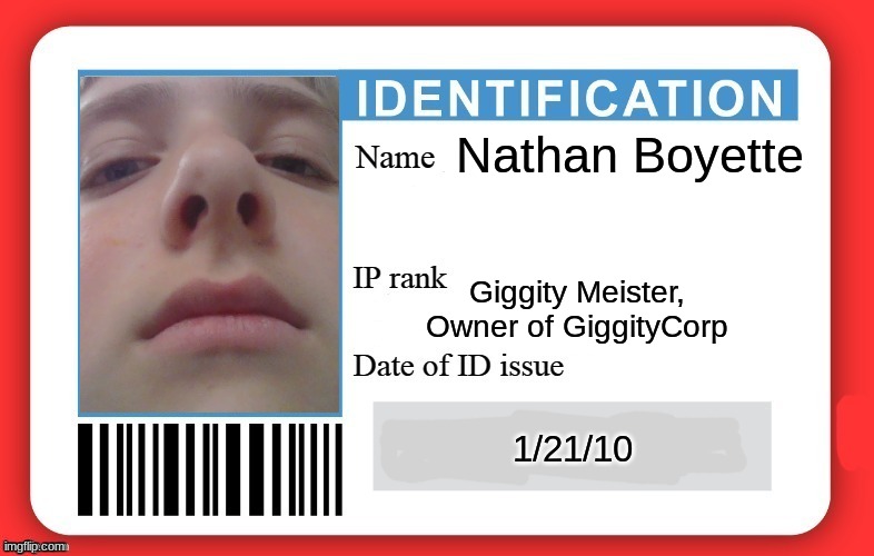 DMV ID Card | Nathan Boyette; Giggity Meister, Owner of GiggityCorp; 1/21/10 | image tagged in dmv id card | made w/ Imgflip meme maker