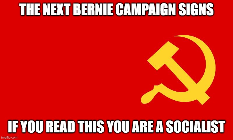 Bernie | THE NEXT BERNIE CAMPAIGN SIGNS; IF YOU READ THIS YOU ARE A SOCIALIST | image tagged in why isn't the communist flag hate speech | made w/ Imgflip meme maker