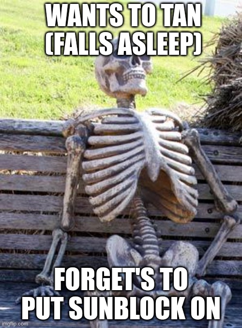 Always remember to put sunblock on | WANTS TO TAN (FALLS ASLEEP); FORGET'S TO PUT SUNBLOCK ON | image tagged in memes,waiting skeleton | made w/ Imgflip meme maker