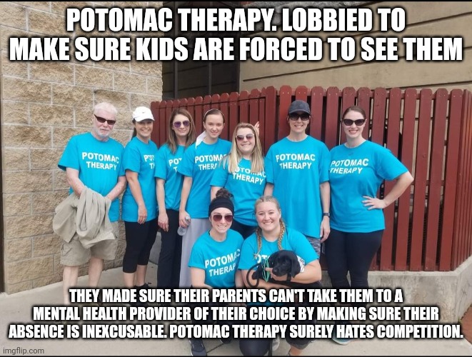 Public Schools and their uncaring for mental health. | POTOMAC THERAPY. LOBBIED TO MAKE SURE KIDS ARE FORCED TO SEE THEM; THEY MADE SURE THEIR PARENTS CAN'T TAKE THEM TO A MENTAL HEALTH PROVIDER OF THEIR CHOICE BY MAKING SURE THEIR ABSENCE IS INEXCUSABLE. POTOMAC THERAPY SURELY HATES COMPETITION. | image tagged in donald trump approves,allegany county,maryland,mental health | made w/ Imgflip meme maker