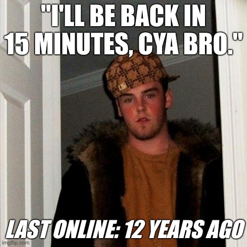I HATE when this happens. | "I'LL BE BACK IN 15 MINUTES, CYA BRO."; LAST ONLINE: 12 YEARS AGO | image tagged in memes,scumbag steve | made w/ Imgflip meme maker