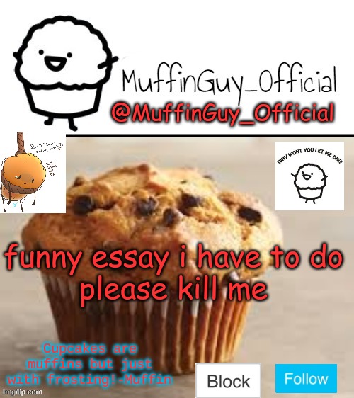 MuffinGuy_Official's Template. | funny essay i have to do
please kill me | image tagged in muffinguy_official's template | made w/ Imgflip meme maker
