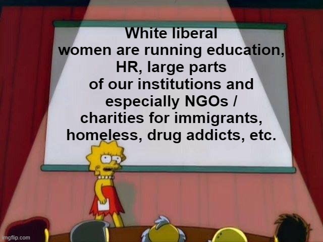 Lisa Simpson's Presentation | White liberal women are running education, HR, large parts of our institutions and especially NGOs / charities for immigrants, homeless, drug addicts, etc. | image tagged in lisa simpson's presentation | made w/ Imgflip meme maker