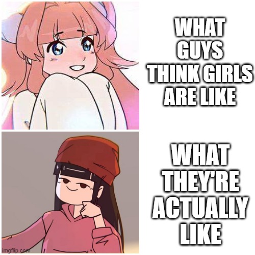Take it from another female! ?? | WHAT GUYS THINK GIRLS ARE LIKE; WHAT THEY'RE ACTUALLY LIKE | image tagged in girls,derpy,anime meme,girls vs boys | made w/ Imgflip meme maker