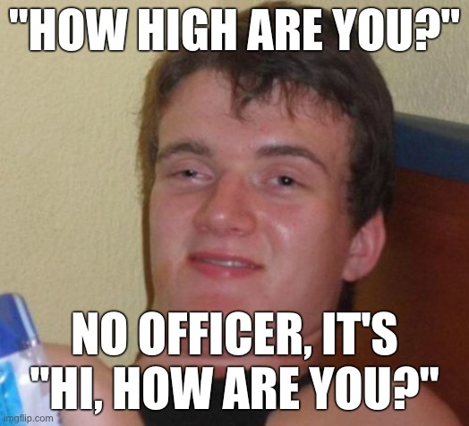 10 Guy | "HOW HIGH ARE YOU?"; NO OFFICER, IT'S "HI, HOW ARE YOU?" | image tagged in memes,10 guy | made w/ Imgflip meme maker