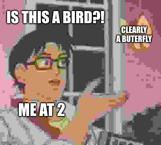LOL | IS THIS A BIRD?! CLEARLY A BUTERFLY; ME AT 2 | image tagged in memes,is this a pigeon | made w/ Imgflip meme maker