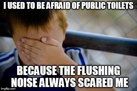 Confession Kid Meme | I USED TO BE AFRAID OF PUBLIC TOILETS BECAUSE THE FLUSHING NOISE ALWAYS SCARED ME | image tagged in memes,confession kid | made w/ Imgflip meme maker