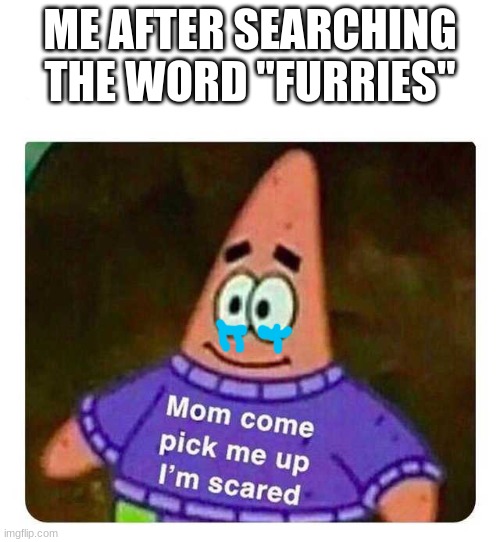 HELP ME   M O T H E R ! ! | ME AFTER SEARCHING THE WORD "FURRIES" | image tagged in patrick mom come pick me up i'm scared | made w/ Imgflip meme maker