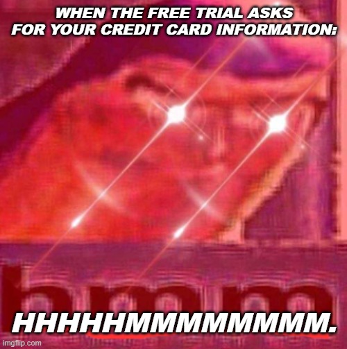 buzz lightyear | WHEN THE FREE TRIAL ASKS FOR YOUR CREDIT CARD INFORMATION:; HHHHHMMMMMMMM. | image tagged in buzz lightyear | made w/ Imgflip meme maker