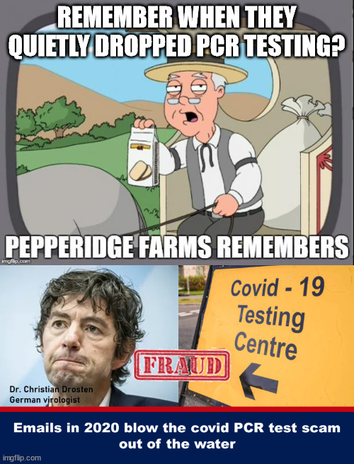 They used faulty testing to artificially inflate their scare numbers... | REMEMBER WHEN THEY QUIETLY DROPPED PCR TESTING? | image tagged in pepperidge farms remembers,covid,scam | made w/ Imgflip meme maker