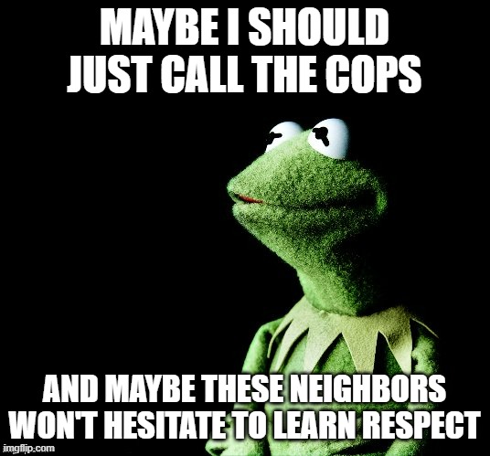 Maybe i should jus call the cops and file a noise complaint | MAYBE I SHOULD JUST CALL THE COPS; AND MAYBE THESE NEIGHBORS WON'T HESITATE TO LEARN RESPECT | image tagged in contemplative kermit,relatable,memes,kermit the frog,police,noise complaint | made w/ Imgflip meme maker