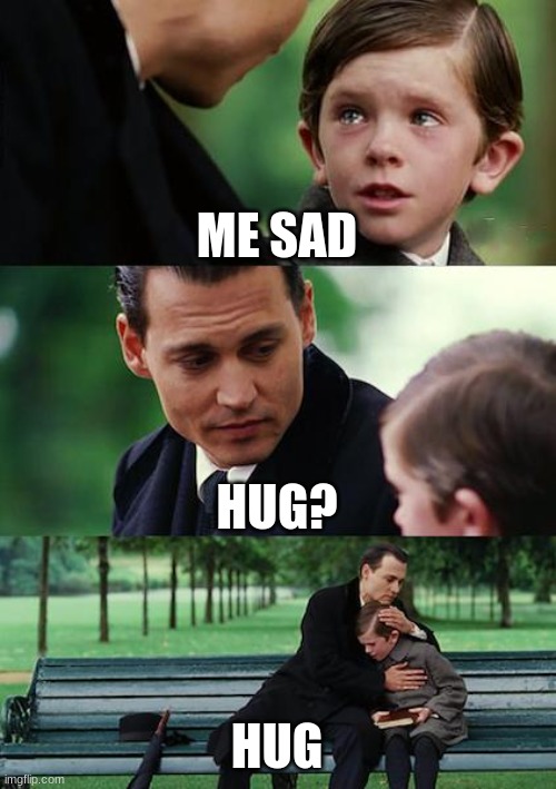 sadge | ME SAD; HUG? HUG | image tagged in memes,finding neverland | made w/ Imgflip meme maker