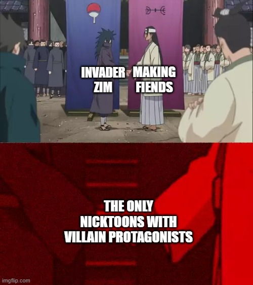 Zim and Vendetta are the only two evil main characters in the Nicktoons brand | MAKING FIENDS; INVADER ZIM; THE ONLY NICKTOONS WITH VILLAIN PROTAGONISTS | image tagged in naruto handshake meme template,invader zim,making fiends,nickelodeon,nicktoons,villains | made w/ Imgflip meme maker