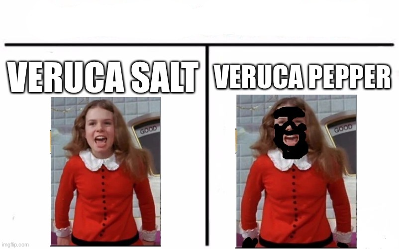 PLZ DONT GET MAD | VERUCA SALT; VERUCA PEPPER | image tagged in memes,who would win,veruca salt,willy wonka | made w/ Imgflip meme maker