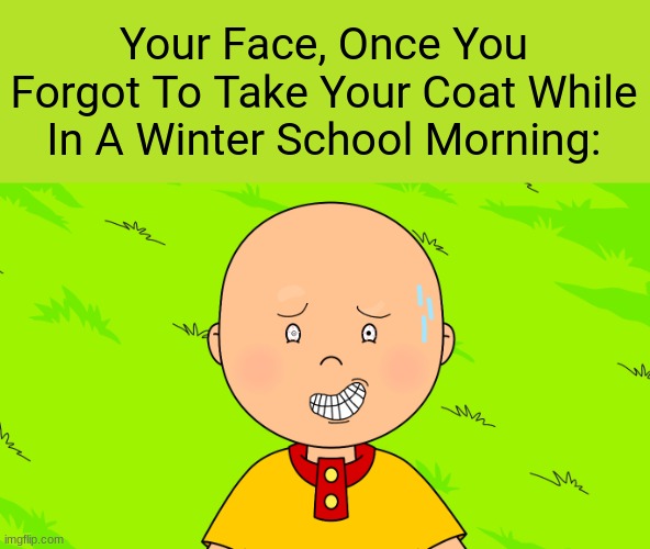 Yet Another Caillou Meme | Your Face, Once You Forgot To Take Your Coat While In A Winter School Morning: | image tagged in caillou regretting life | made w/ Imgflip meme maker