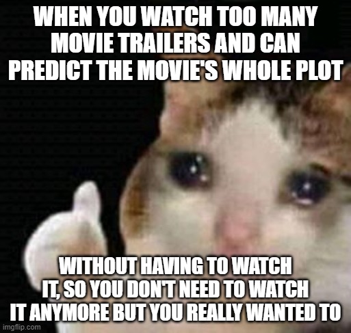 sad thumbs up cat | WHEN YOU WATCH TOO MANY MOVIE TRAILERS AND CAN PREDICT THE MOVIE'S WHOLE PLOT; WITHOUT HAVING TO WATCH IT, SO YOU DON'T NEED TO WATCH IT ANYMORE BUT YOU REALLY WANTED TO | image tagged in sad thumbs up cat | made w/ Imgflip meme maker