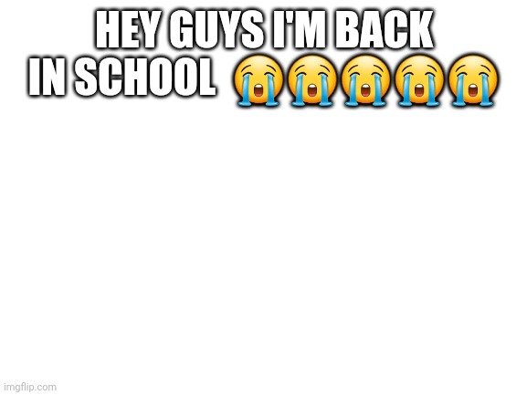 Back in school | HEY GUYS I'M BACK IN SCHOOL  😭😭😭😭😭 | image tagged in blank white template | made w/ Imgflip meme maker
