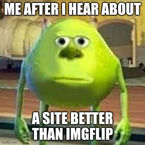 Mike wazowski | ME AFTER I HEAR ABOUT; A SITE BETTER THAN IMGFLIP | image tagged in mike wazowski | made w/ Imgflip meme maker