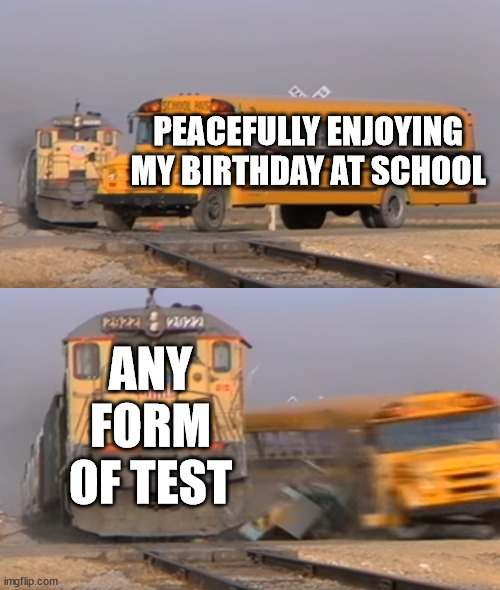 Always hurts | PEACEFULLY ENJOYING MY BIRTHDAY AT SCHOOL; ANY FORM OF TEST | image tagged in a train hitting a school bus | made w/ Imgflip meme maker