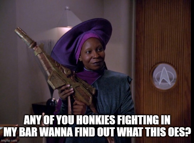 What Guinan Should Have Said... | ANY OF YOU HONKIES FIGHTING IN MY BAR WANNA FIND OUT WHAT THIS OES? | image tagged in guinan with a rifle | made w/ Imgflip meme maker