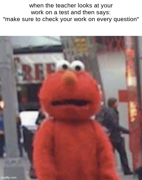 Elmo | when the teacher looks at your work on a test and then says:
"make sure to check your work on every question" | image tagged in elmo,cats,funny,memes,funny memes,meme | made w/ Imgflip meme maker