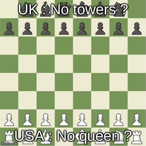 Must understand a bit of chess for that one | UK : No towers ? USA : No queen ? | image tagged in us vs uk chess | made w/ Imgflip meme maker