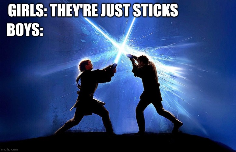 lightsaber battle | GIRLS: THEY'RE JUST STICKS; BOYS: | image tagged in lightsaber battle | made w/ Imgflip meme maker