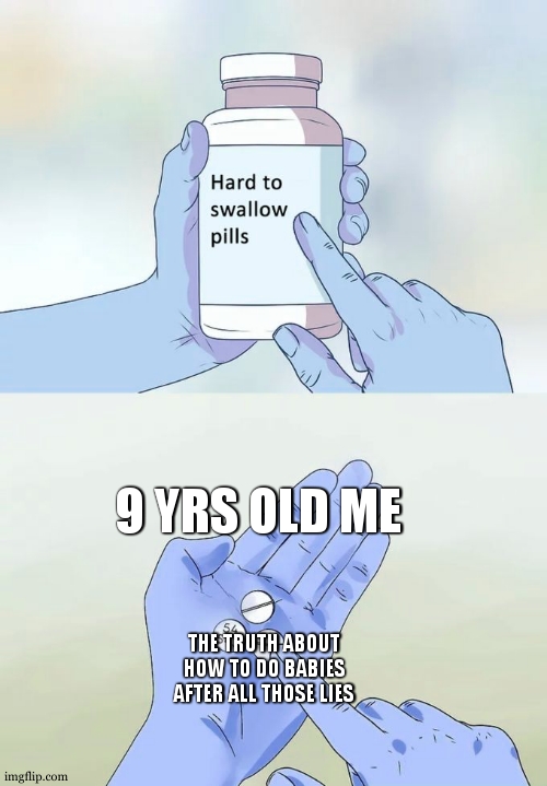 think its true for everyone | 9 YRS OLD ME; THE TRUTH ABOUT HOW TO DO BABIES AFTER ALL THOSE LIES | image tagged in memes,hard to swallow pills,relatable,babies,the truth hurts,so true | made w/ Imgflip meme maker