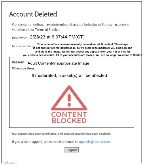 banned from ROBLOX | 2/28/23 at 6:07:44 PM(CT); Your account has been permanently banned for adult content. This image is not appropriate for Roblox at all, so we decided to moderate you a poison ban and block the image. We will not accept any appeals from you, nor will we let you create a new account. All of your accounts are closed. You are no longer welcome to Roblox. Adult Content/Inappropriate Image; If moderated, 5 asset(s) will be affected | image tagged in banned from roblox | made w/ Imgflip meme maker